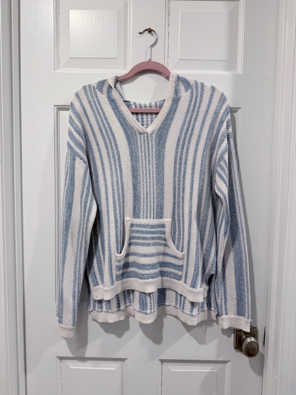 Striped V-Neck Hooded Knit  Poncho - Blue & Cream Size - M